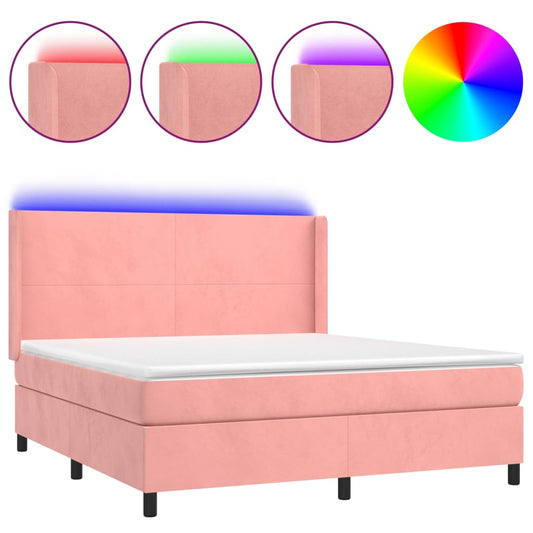 vidaXL Κρεβάτι Boxspring με Στρώμα & LED Ροζ 180x200 εκ. Βελούδινο