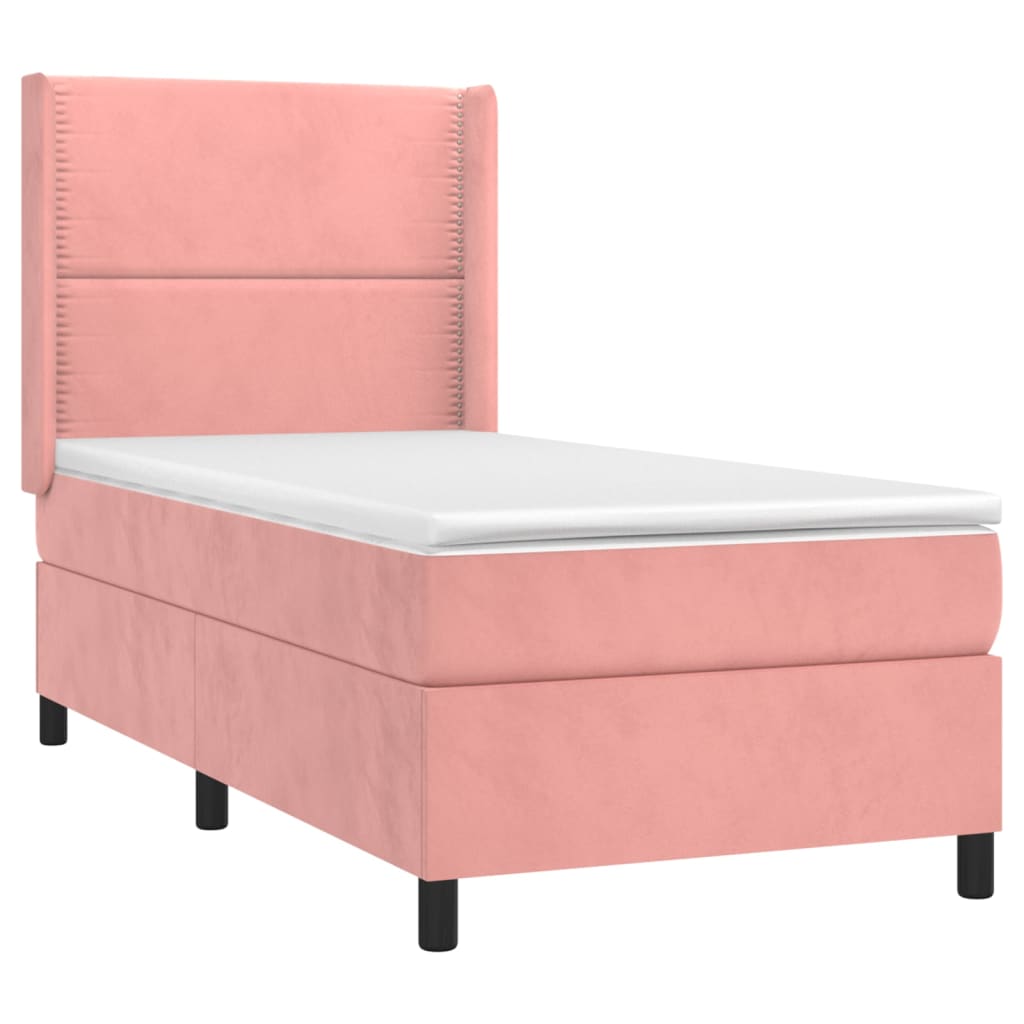 vidaXL Κρεβάτι Boxspring με Στρώμα & LED Ροζ 90x200 εκ. Βελούδινο