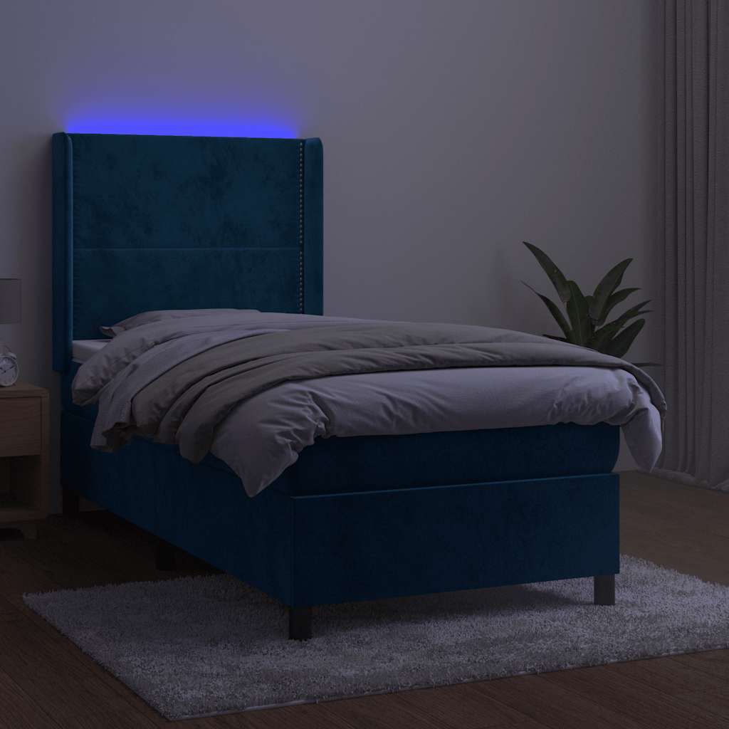 vidaXL Κρεβάτι Boxspring με Στρώμα & LED Σκ. Μπλε 100x200εκ. Βελούδινο
