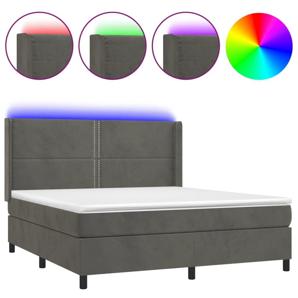 vidaXL Κρεβάτι Boxspring με Στρώμα & LED Σκ. Γκρι 160x200εκ. Βελούδινο
