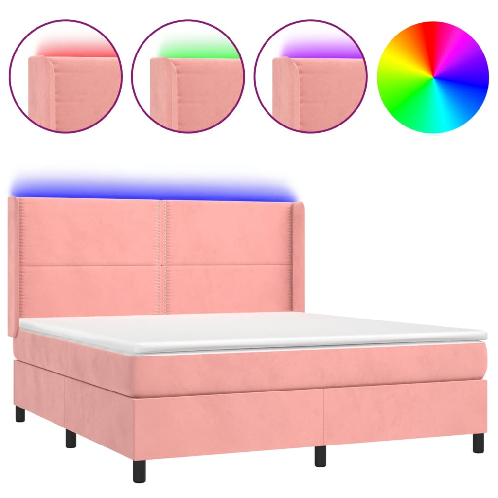 vidaXL Κρεβάτι Boxspring με Στρώμα & LED Ροζ 160x200 εκ. Βελούδινο