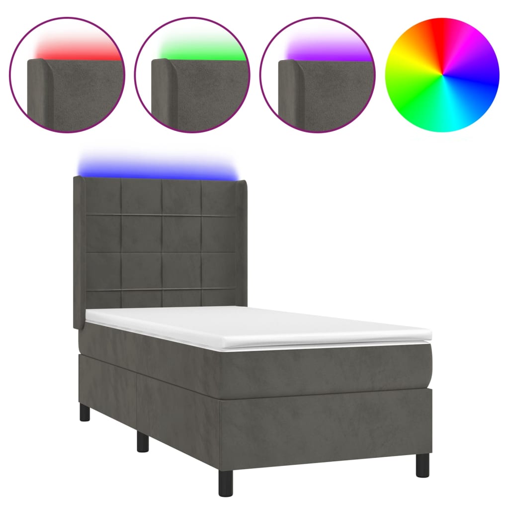 vidaXL Κρεβάτι Boxspring με Στρώμα & LED Σκ. Γκρι 80x200 εκ. Βελούδινο