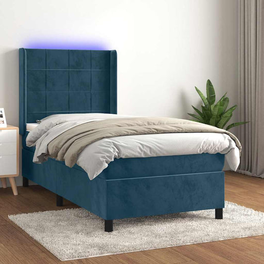 vidaXL Κρεβάτι Boxspring με Στρώμα & LED Σκ. Μπλε 80x200 εκ. Βελούδινο