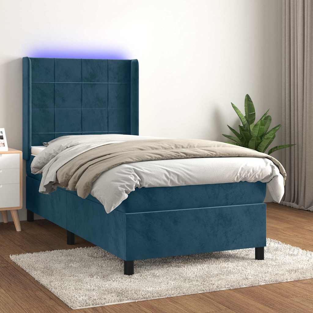 vidaXL Κρεβάτι Boxspring με Στρώμα & LED Σκ. Μπλε 90x190 εκ. Βελούδινο