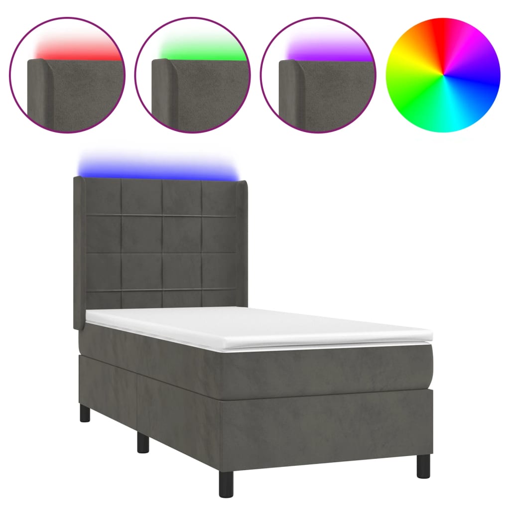 vidaXL Κρεβάτι Boxspring με Στρώμα & LED Σκ. Γκρι 90x200 εκ. Βελούδινο