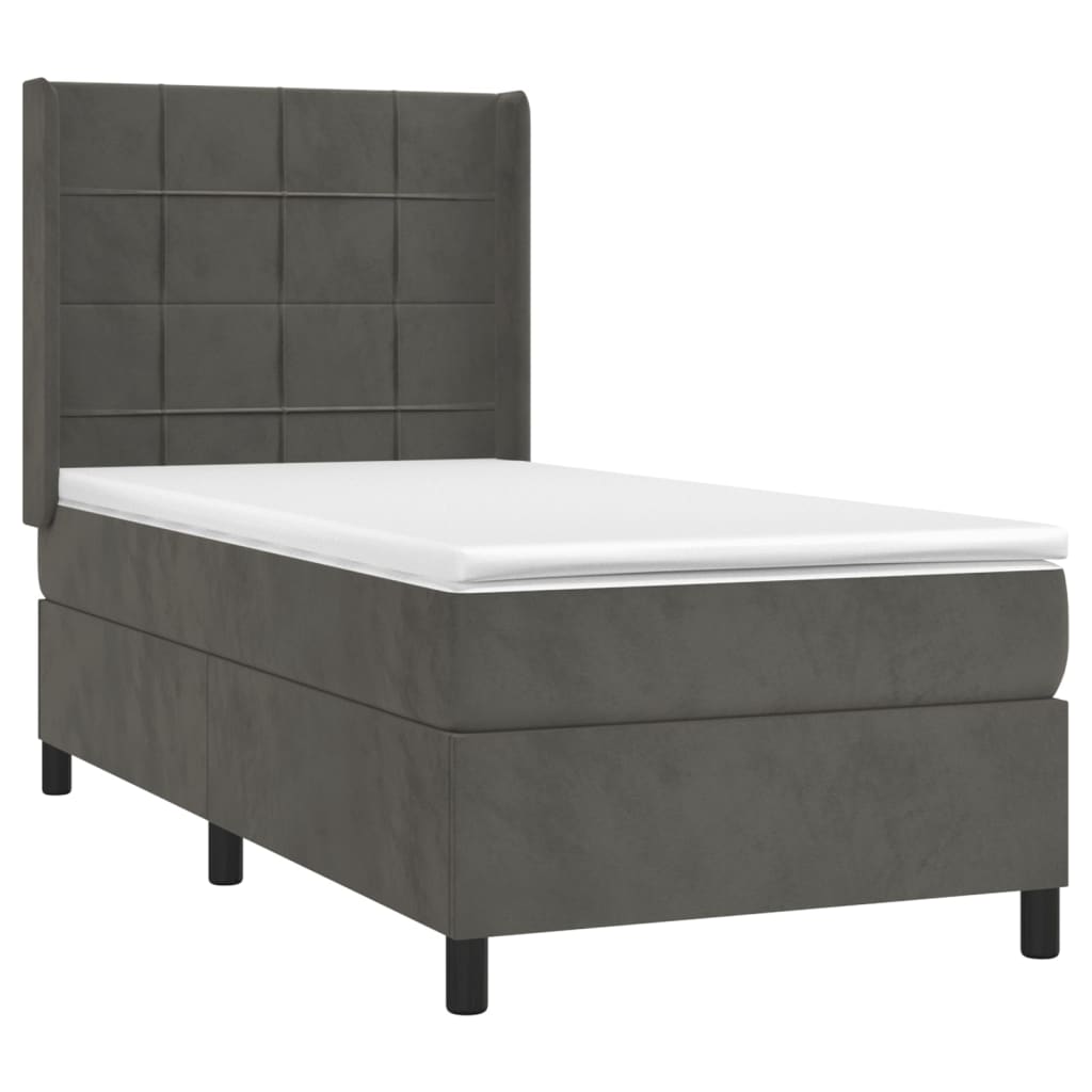 vidaXL Κρεβάτι Boxspring με Στρώμα & LED Σκ. Γκρι 90x200 εκ. Βελούδινο