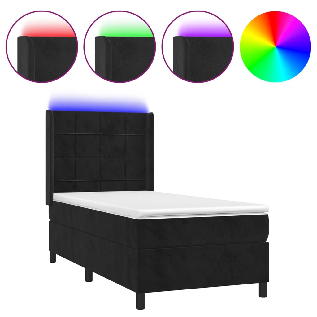 vidaXL Κρεβάτι Boxspring με Στρώμα & LED Μαύρο 90x200 εκ. Βελούδινο