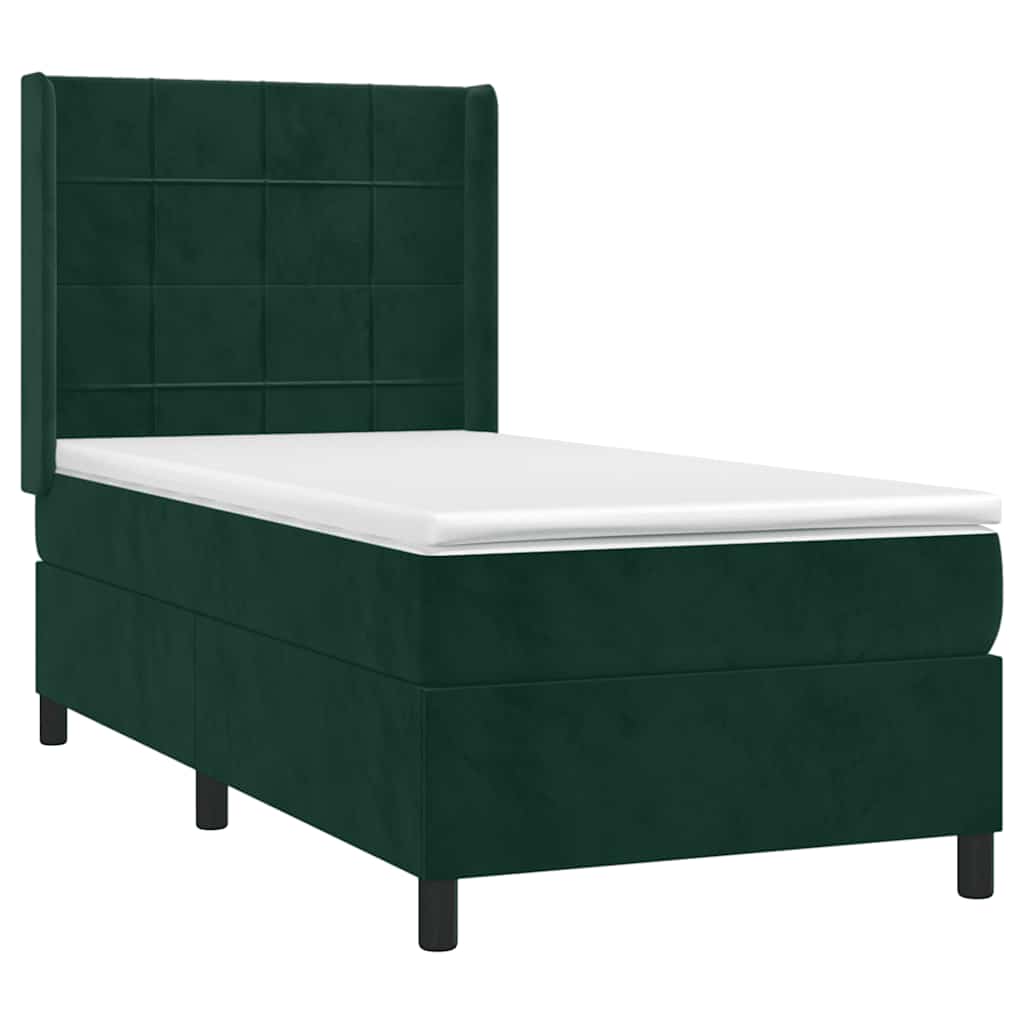 vidaXL Κρεβάτι Boxspring με Στρώμα & LED Σκ. Πράσινο 90x200 εκ Βελούδο