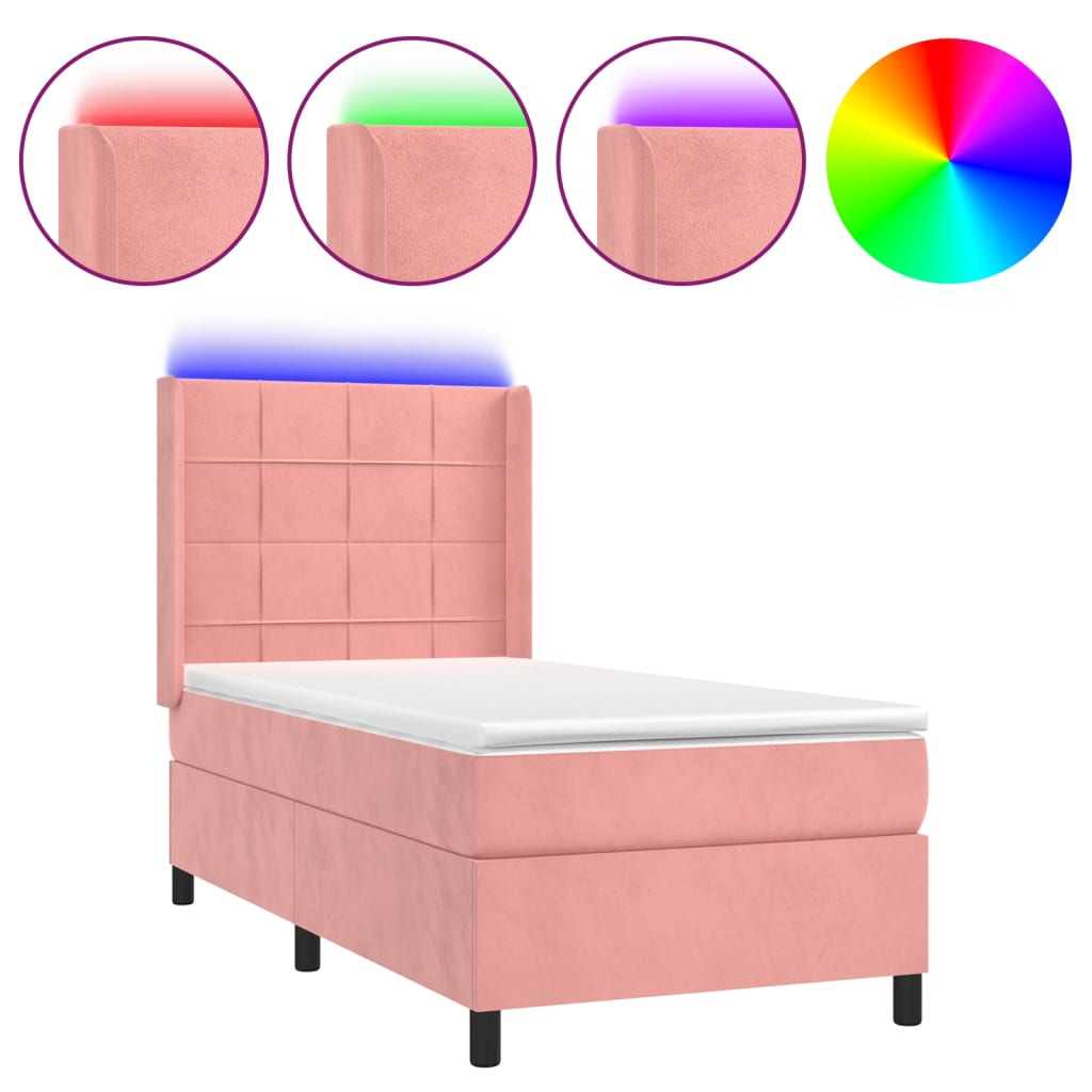 vidaXL Κρεβάτι Boxspring με Στρώμα & LED Ροζ 90x200 εκ. Βελούδινο