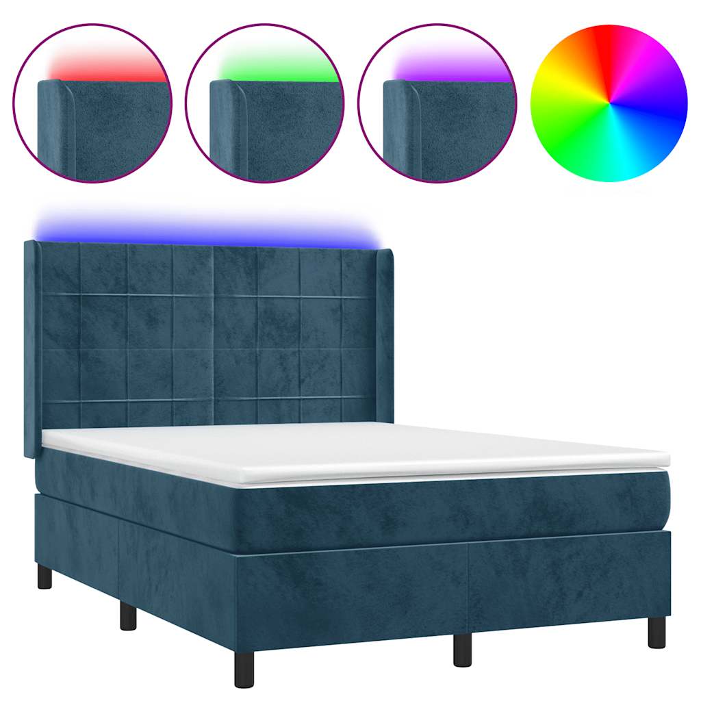 vidaXL Κρεβάτι Boxspring με Στρώμα & LED Σκ. Μπλε 140x190εκ. Βελούδινο