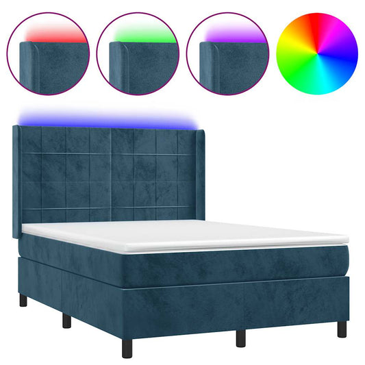 vidaXL Κρεβάτι Boxspring με Στρώμα & LED Σκ. Μπλε 140x190εκ. Βελούδινο