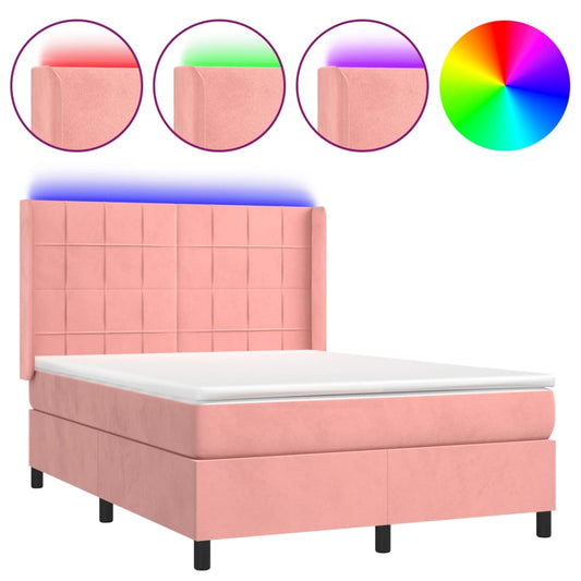 vidaXL Κρεβάτι Boxspring με Στρώμα & LED Ροζ 140x190 εκ. Βελούδινο