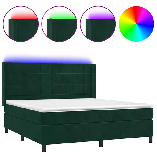 vidaXL Κρεβάτι Boxspring με Στρώμα & LED Σκ. Πράσινο 160x200εκ Βελούδο