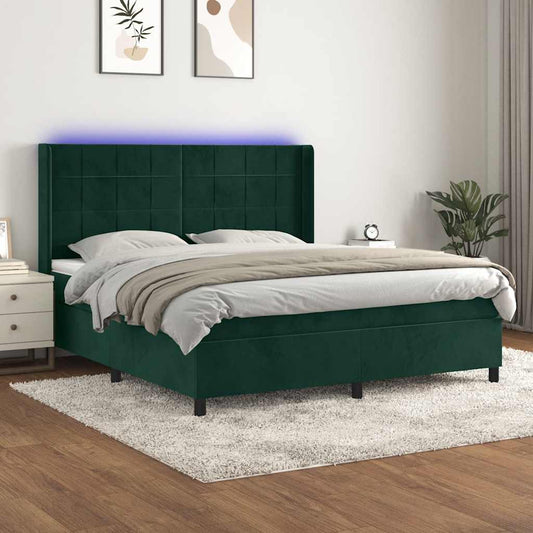 vidaXL Κρεβάτι Boxspring με Στρώμα & LED Σκ. Πράσινο 160x200εκ Βελούδο