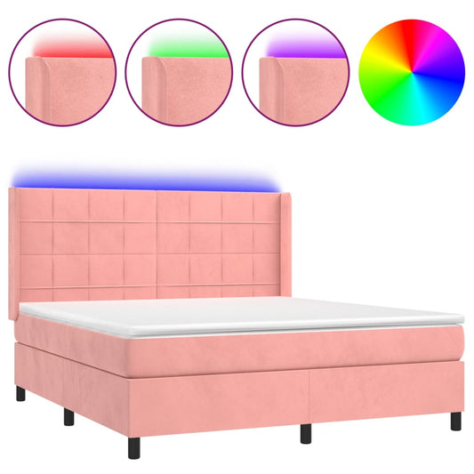 vidaXL Κρεβάτι Boxspring με Στρώμα & LED Ροζ 160x200 εκ. Βελούδινο