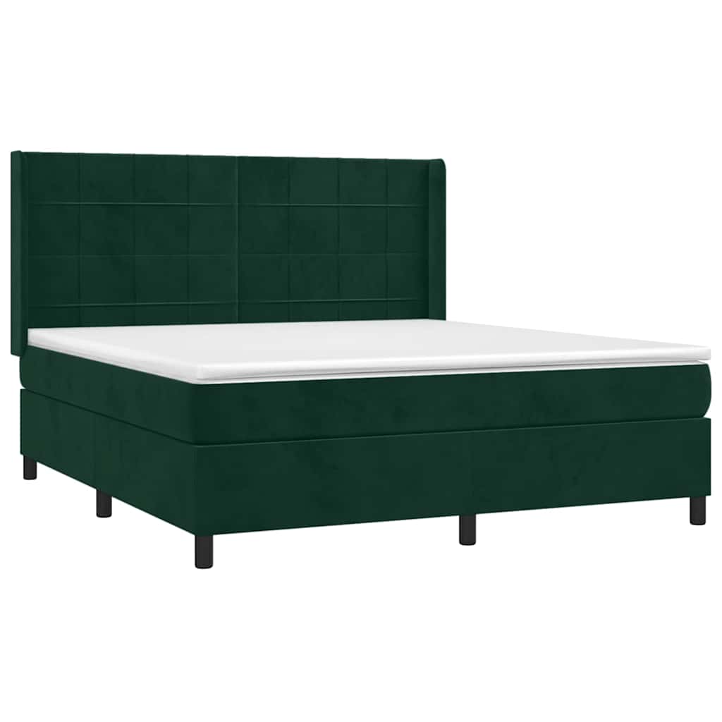 vidaXL Κρεβάτι Boxspring με Στρώμα & LED Σκ. Πράσινο 180x200εκ Βελούδο