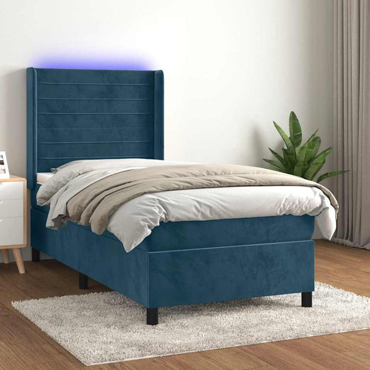 vidaXL Κρεβάτι Boxspring με Στρώμα & LED Σκ. Μπλε 80x200 εκ. Βελούδινο