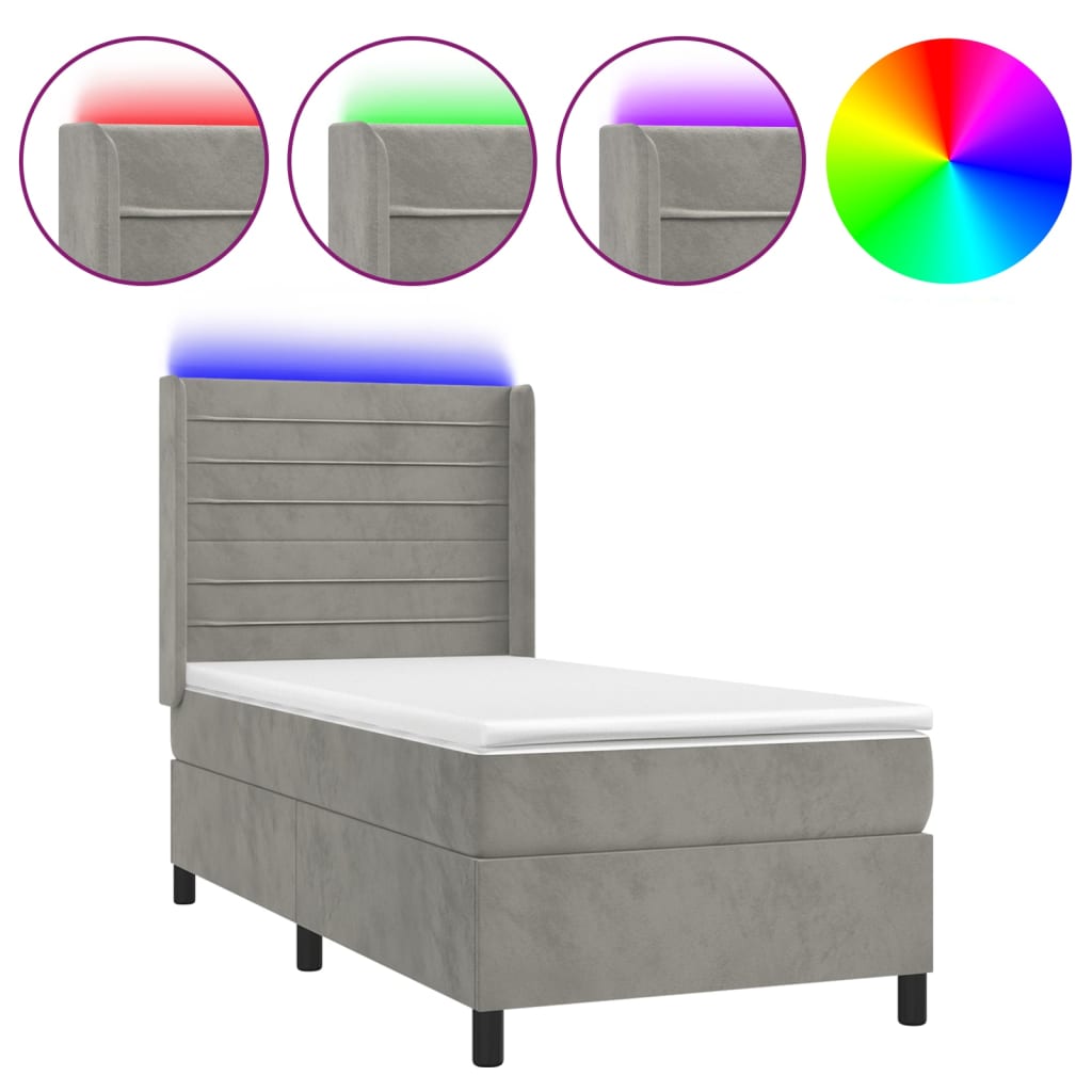 vidaXL Κρεβάτι Boxspring με Στρώμα & LED Αν.Γκρι 90x190 εκ. Βελούδινο