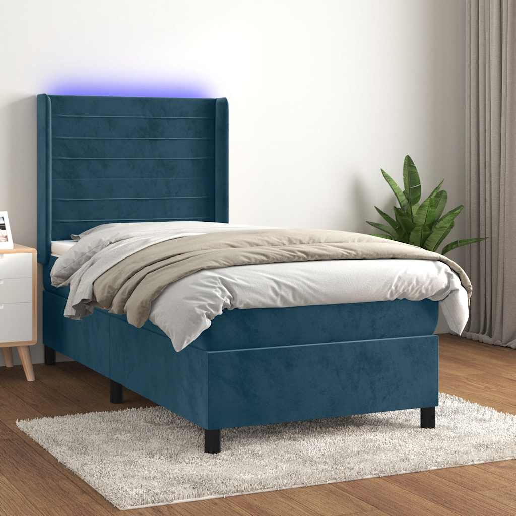 vidaXL Κρεβάτι Boxspring με Στρώμα & LED Σκ. Μπλε 90x190 εκ. Βελούδινο