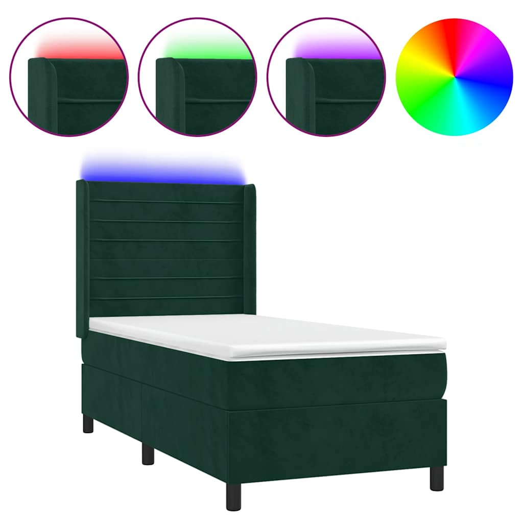 vidaXL Κρεβάτι Boxspring με Στρώμα & LED Σκ. Πράσινο 90x200 εκ Βελούδο