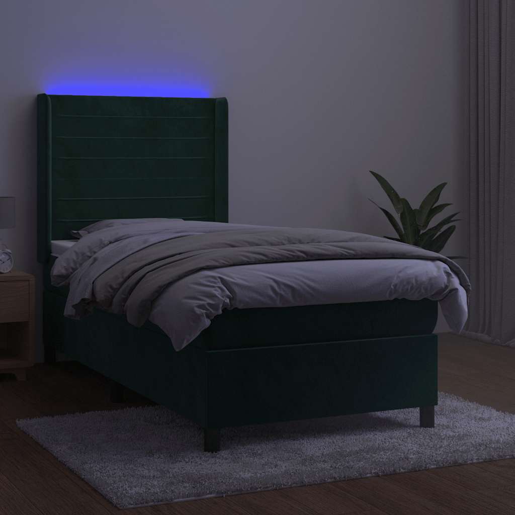vidaXL Κρεβάτι Boxspring με Στρώμα & LED Σκ. Πράσινο 90x200 εκ Βελούδο