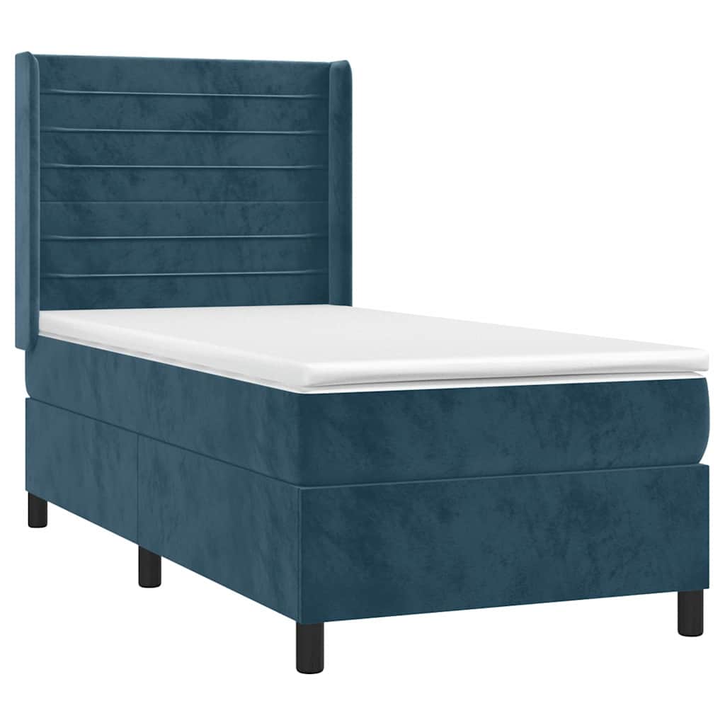 vidaXL Κρεβάτι Boxspring με Στρώμα & LED Σκ. Μπλε 90x200 εκ. Βελούδινο