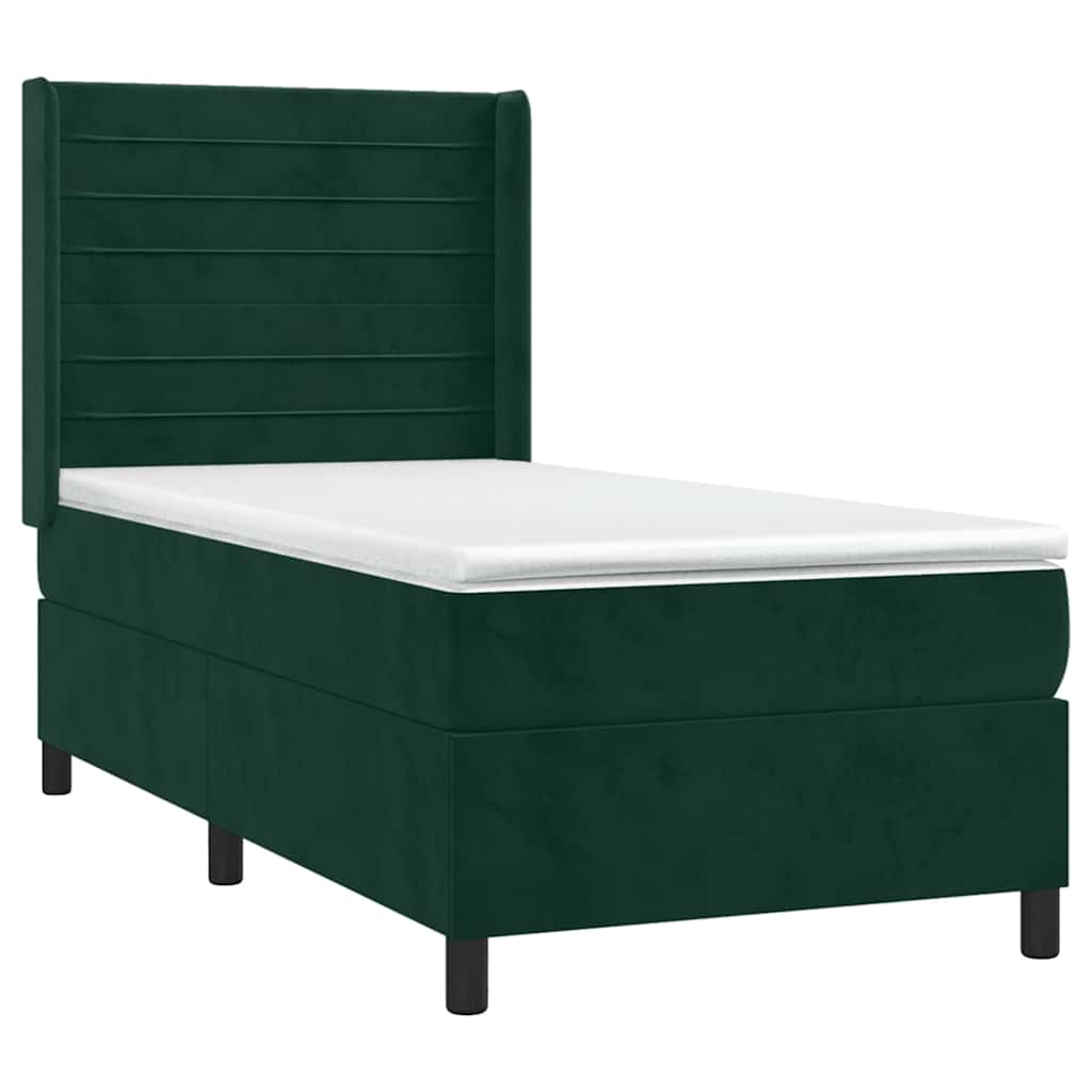 vidaXL Κρεβάτι Boxspring με Στρώμα & LED Σκ. Πράσινο 100x200εκ Βελούδο