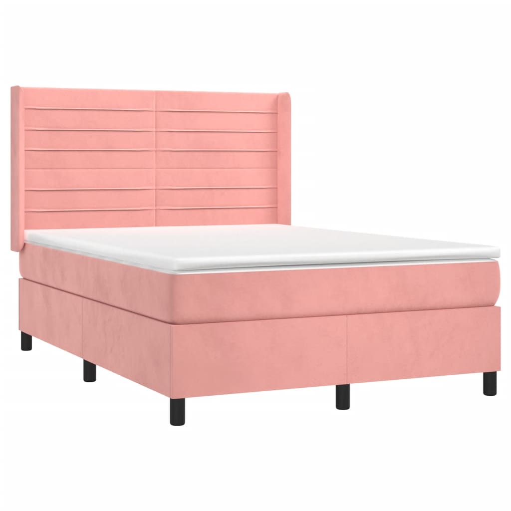 vidaXL Κρεβάτι Boxspring με Στρώμα & LED Ροζ 140x190 εκ. Βελούδινο