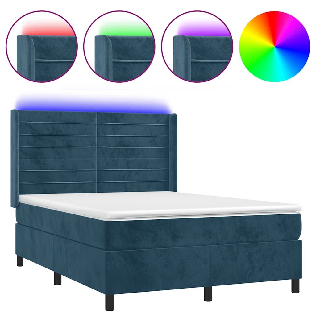 vidaXL Κρεβάτι Boxspring με Στρώμα & LED Σκ. Μπλε 140x200εκ. Βελούδινο