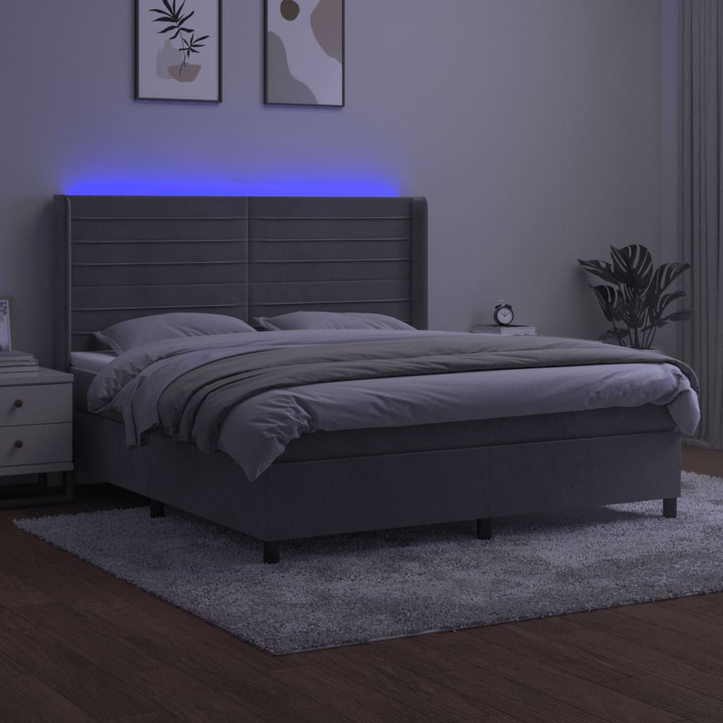 vidaXL Κρεβάτι Boxspring με Στρώμα & LED Αν.Γκρι 160x200 εκ. Βελούδινο
