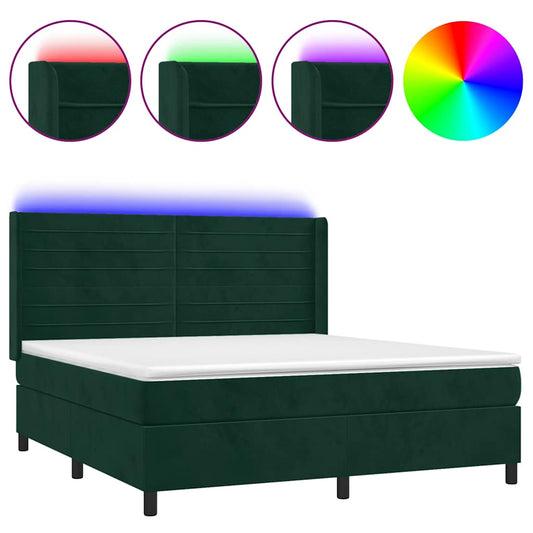 vidaXL Κρεβάτι Boxspring με Στρώμα & LED Σκ. Πράσινο 180x200εκ Βελούδο