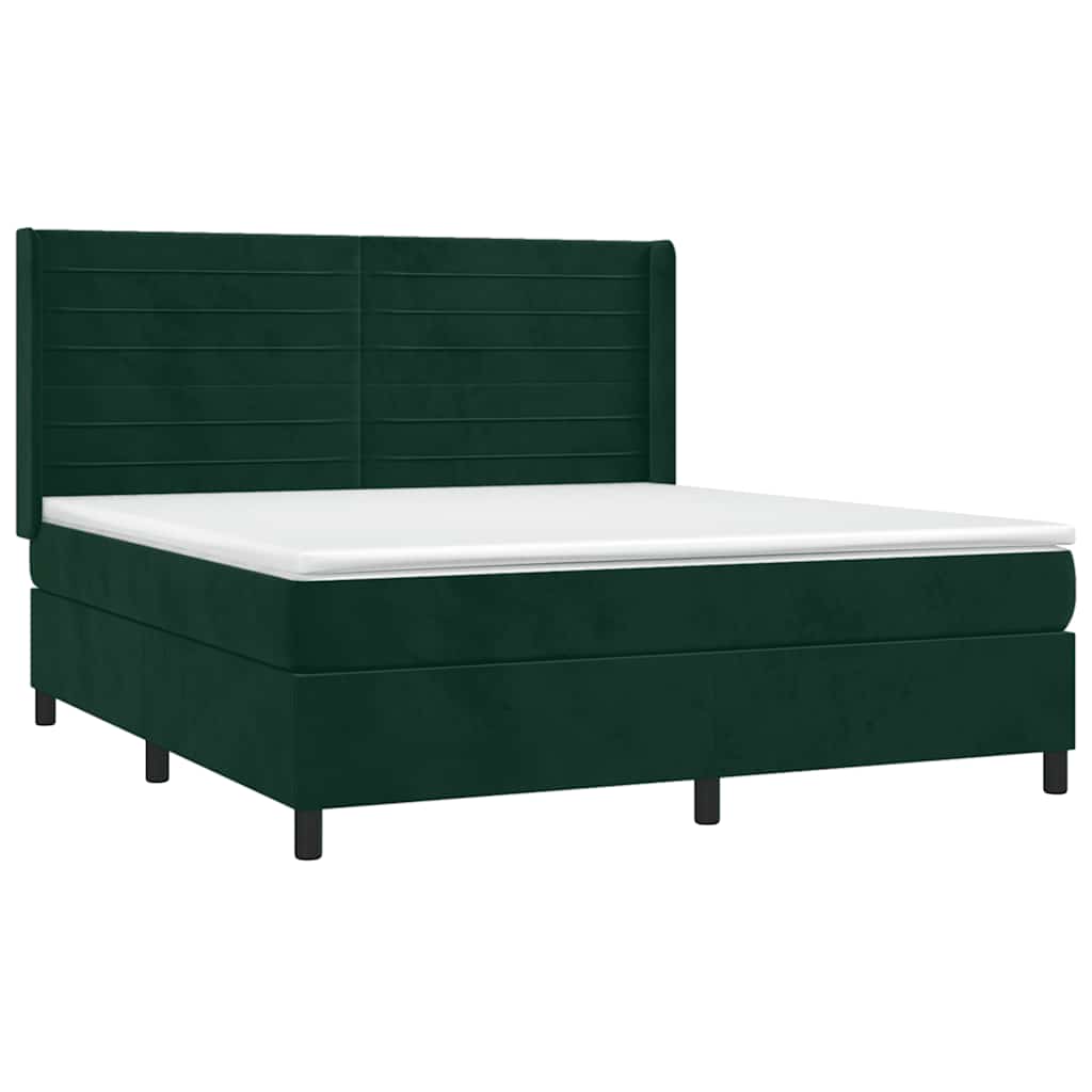 vidaXL Κρεβάτι Boxspring με Στρώμα & LED Σκ. Πράσινο 180x200εκ Βελούδο