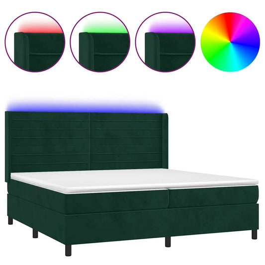 vidaXL Κρεβάτι Boxspring με Στρώμα & LED Σκ. Πράσινο 200x200εκ Βελούδο