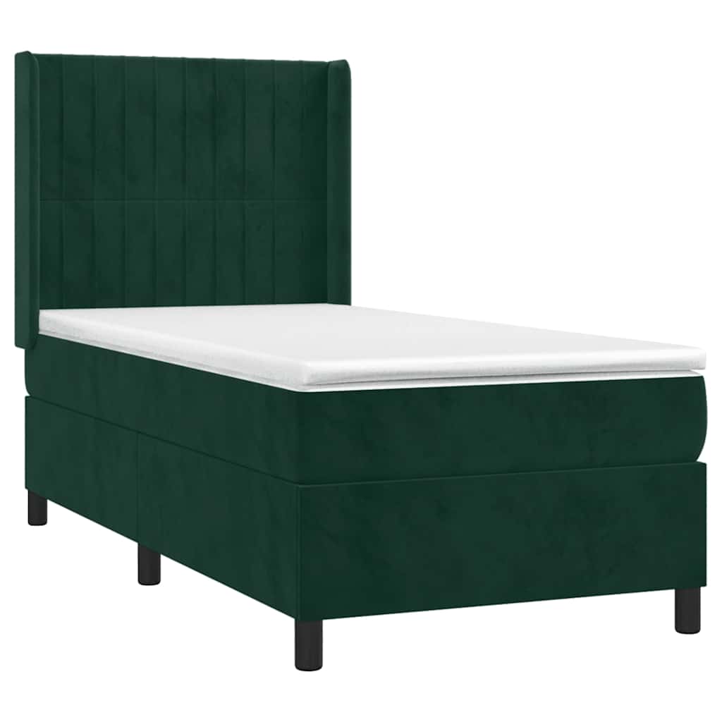 vidaXL Κρεβάτι Boxspring με Στρώμα & LED Σκ. Πράσινο 90x190 εκ Βελούδο