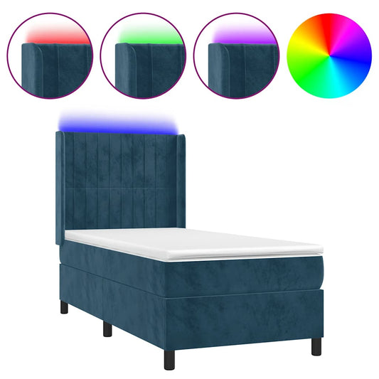 vidaXL Κρεβάτι Boxspring με Στρώμα & LED Σκ. Μπλε 90x200 εκ. Βελούδινο