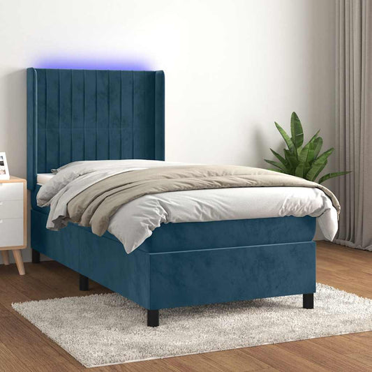 vidaXL Κρεβάτι Boxspring με Στρώμα & LED Σκ. Μπλε 90x200 εκ. Βελούδινο