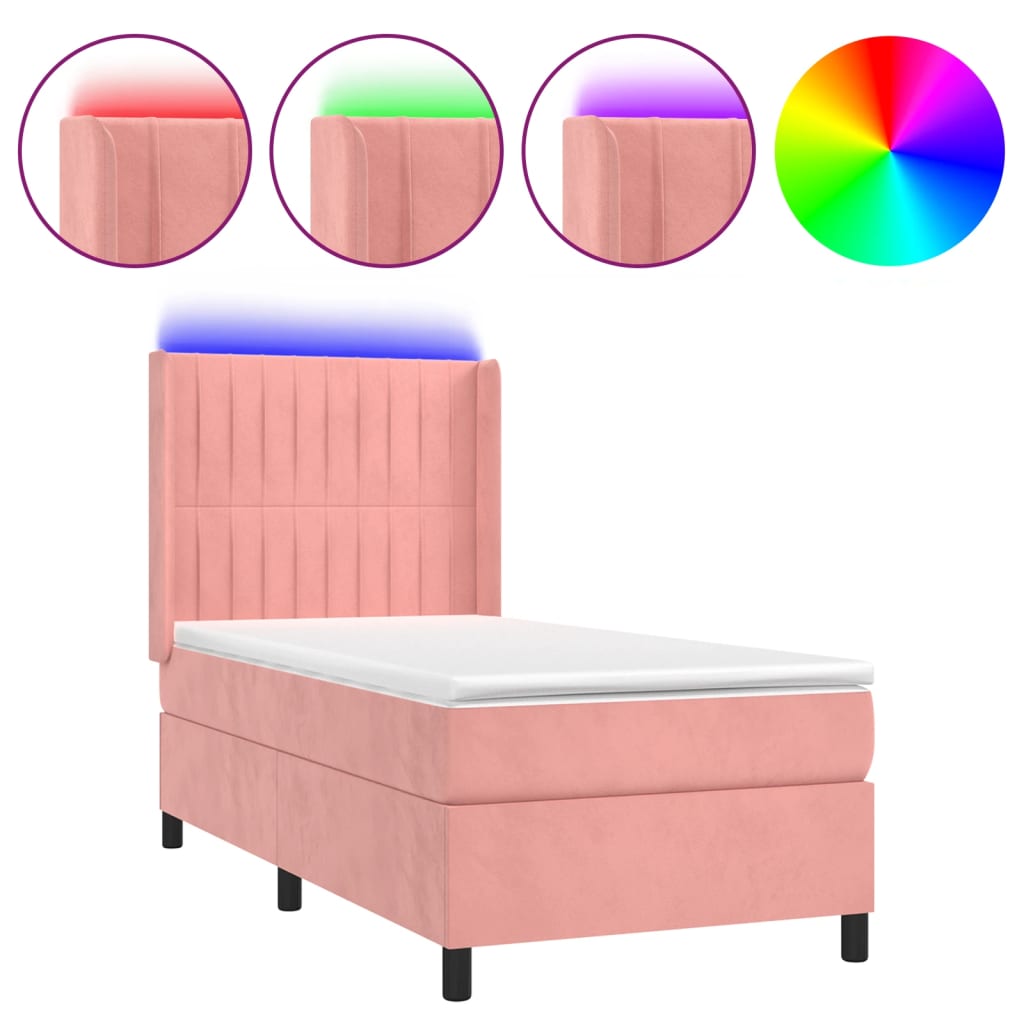 vidaXL Κρεβάτι Boxspring με Στρώμα & LED Ροζ 90x200 εκ. Βελούδινο
