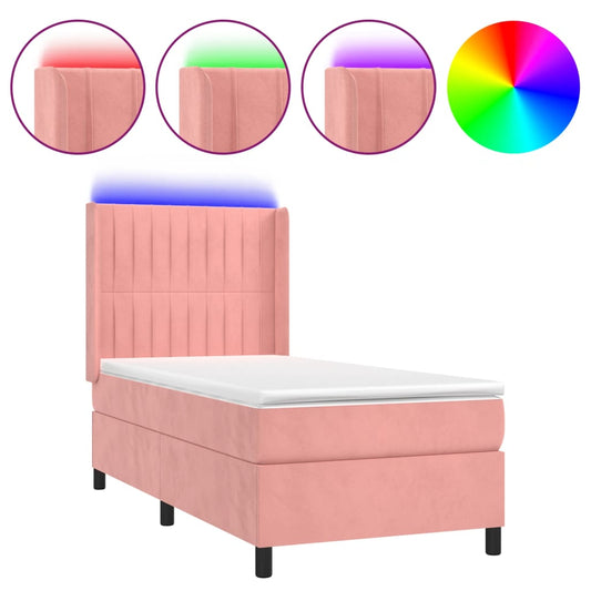 vidaXL Κρεβάτι Boxspring με Στρώμα & LED Ροζ 90x200 εκ. Βελούδινο