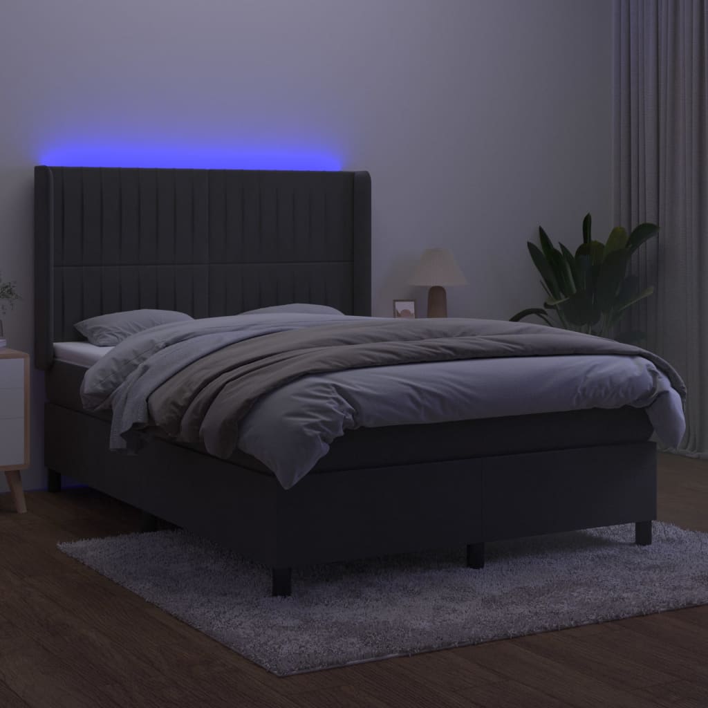 vidaXL Κρεβάτι Boxspring με Στρώμα & LED Σκ. Γκρι 140x190εκ. Βελούδινο