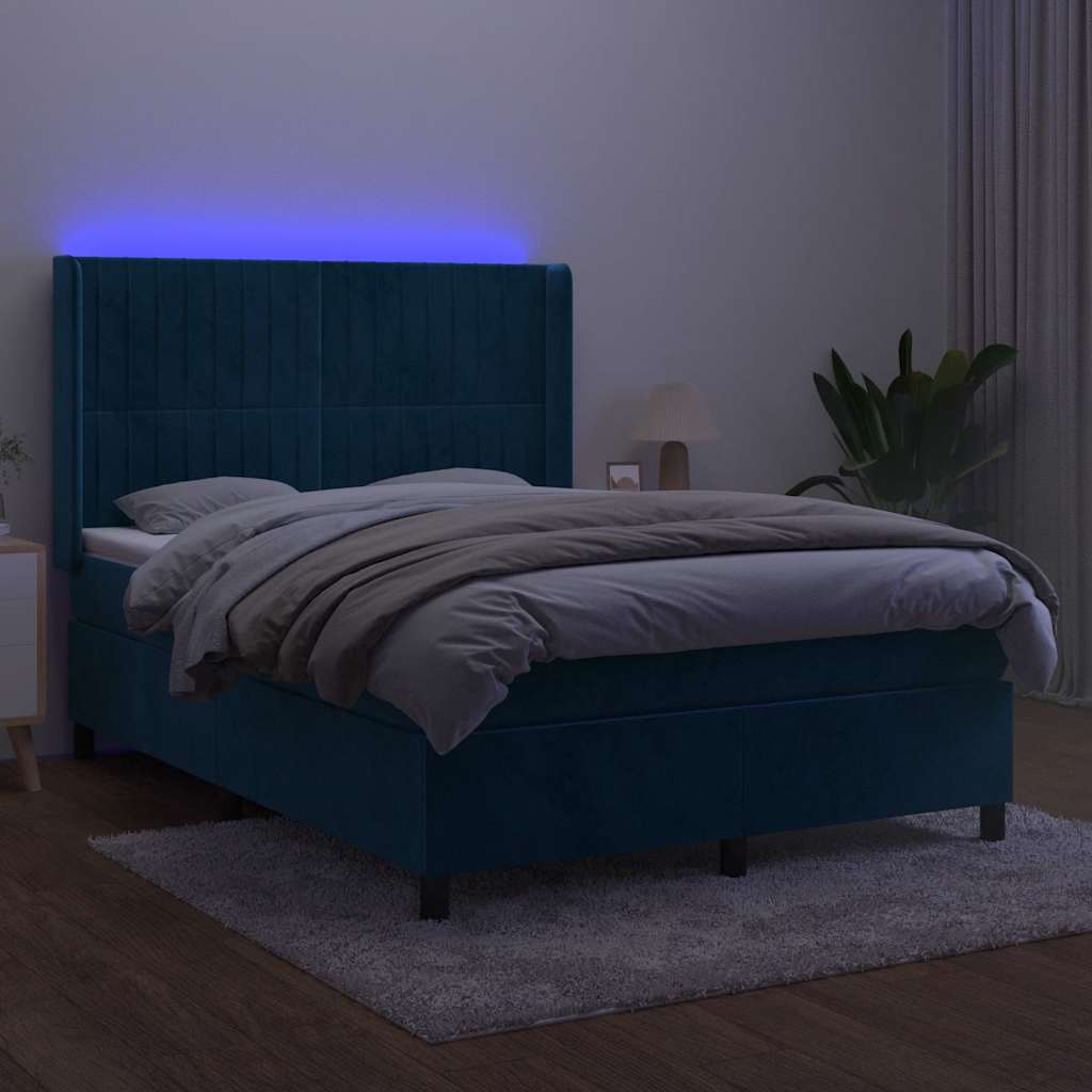 vidaXL Κρεβάτι Boxspring με Στρώμα & LED Σκ. Μπλε 140x190εκ. Βελούδινο
