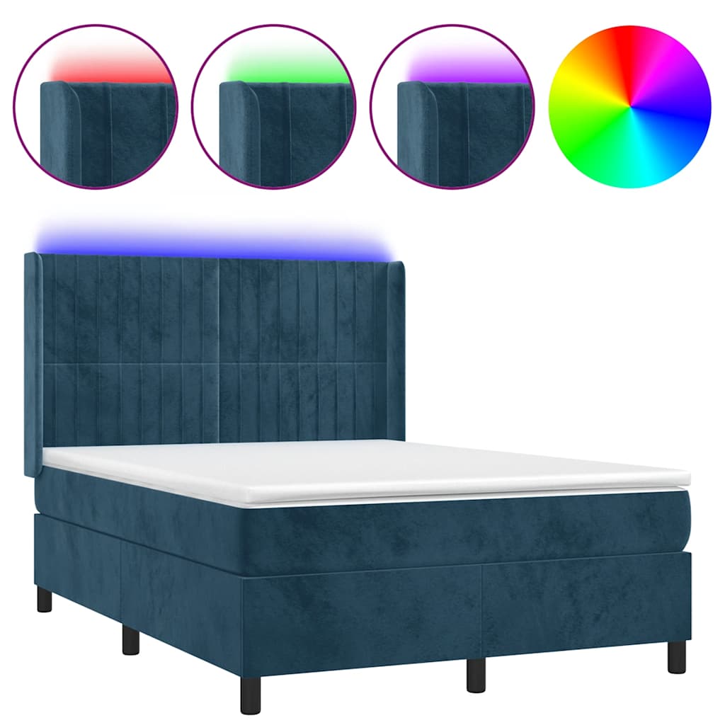 vidaXL Κρεβάτι Boxspring με Στρώμα & LED Σκ. Μπλε 140x200εκ. Βελούδινο
