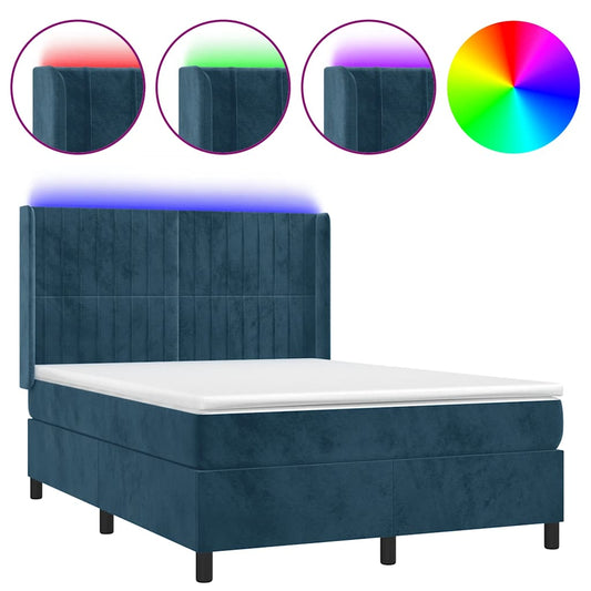 vidaXL Κρεβάτι Boxspring με Στρώμα & LED Σκ. Μπλε 140x200εκ. Βελούδινο