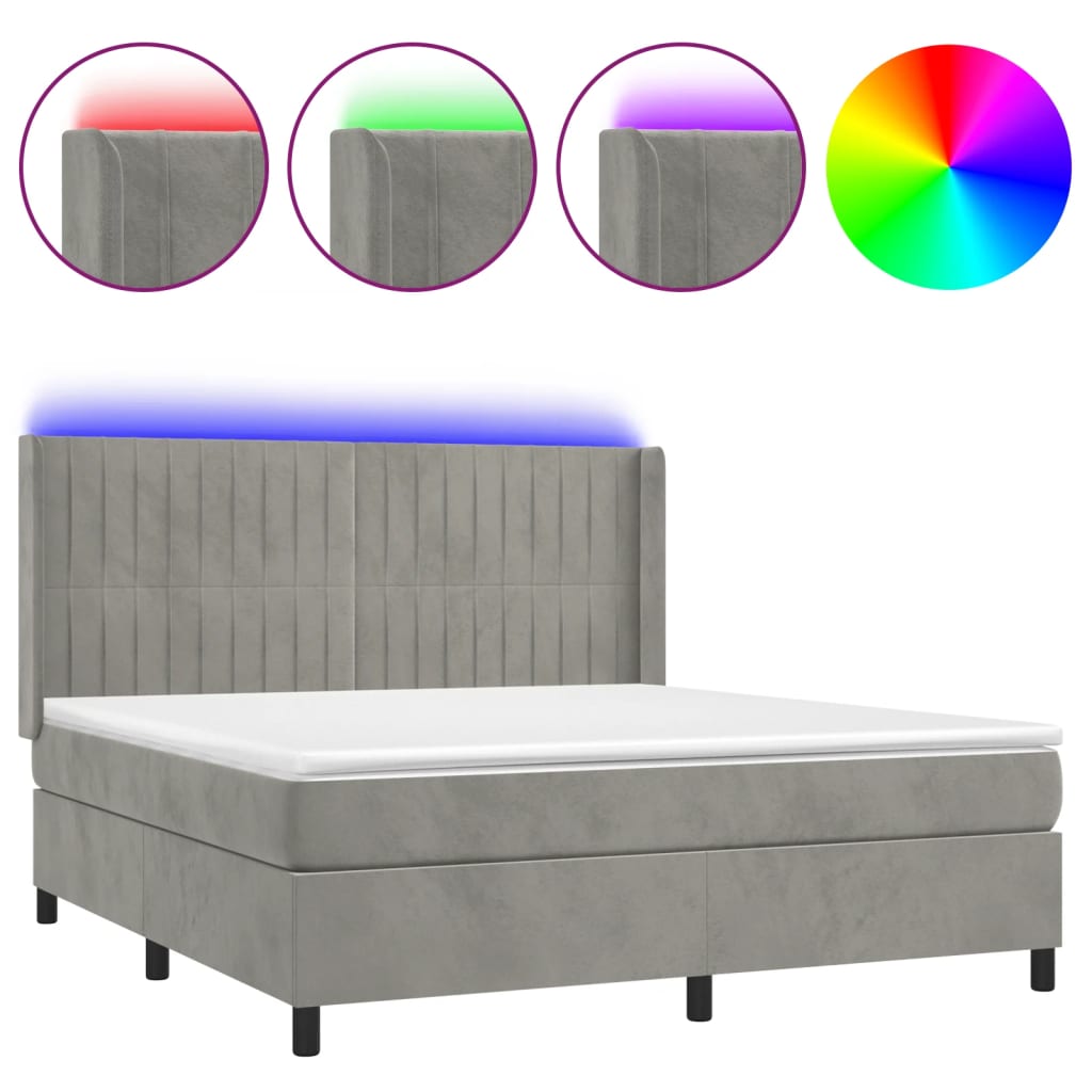 vidaXL Κρεβάτι Boxspring με Στρώμα & LED Αν.Γκρι 180x200 εκ. Βελούδινο