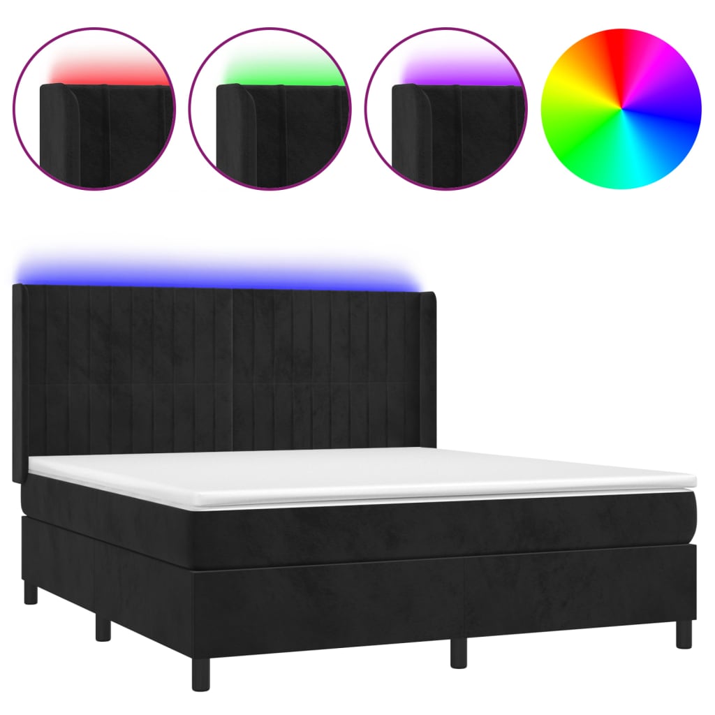 vidaXL Κρεβάτι Boxspring με Στρώμα & LED Μαύρο 180x200 εκ. Βελούδινο