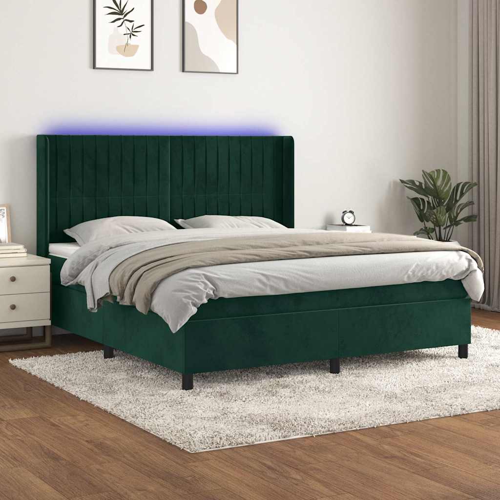 vidaXL Κρεβάτι Boxspring με Στρώμα & LED Σκ. Πράσινο 180x200εκ Βελούδο