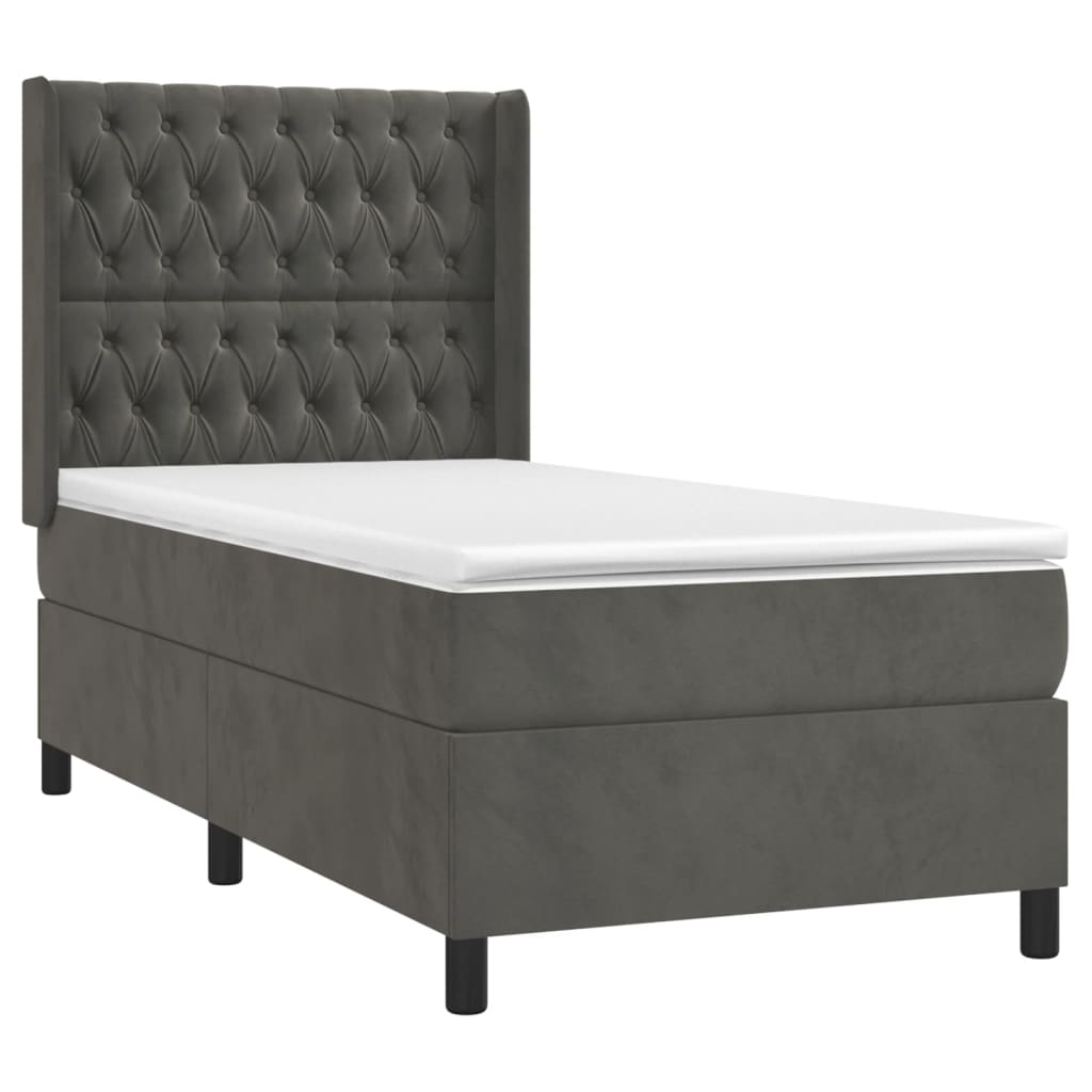 vidaXL Κρεβάτι Boxspring με Στρώμα & LED Σκ. Γκρι 90x190 εκ. Βελούδινο