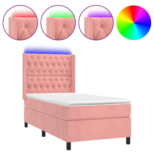 vidaXL Κρεβάτι Boxspring με Στρώμα & LED Ροζ 90x190 εκ. Βελούδινο