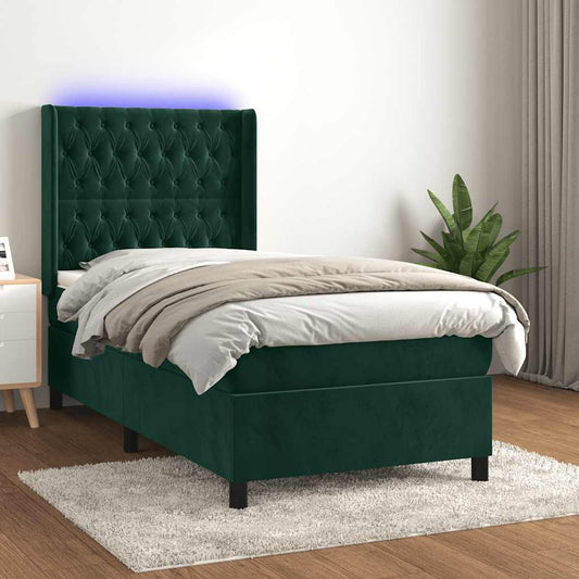 vidaXL Κρεβάτι Boxspring με Στρώμα & LED Σκ. Πράσινο 90x200 εκ Βελούδο