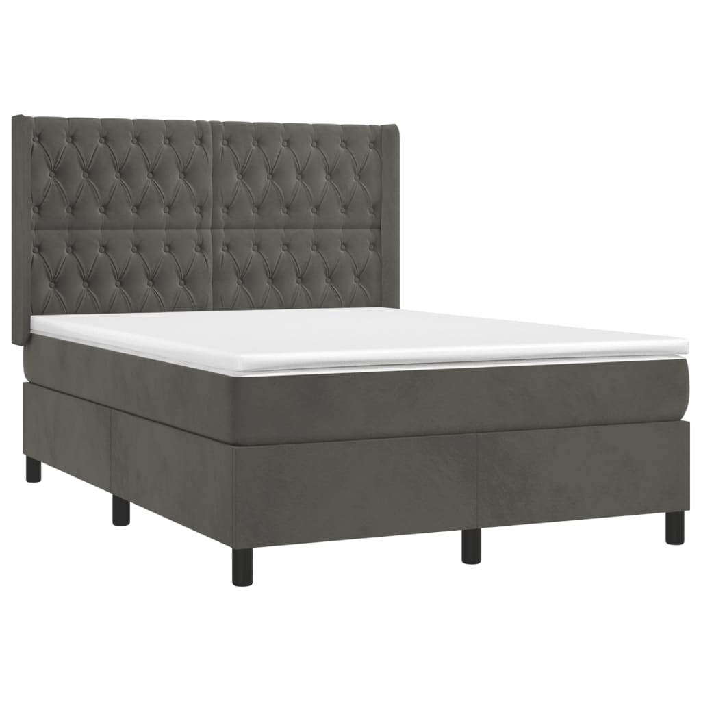 vidaXL Κρεβάτι Boxspring με Στρώμα & LED Σκ. Γκρι 140x190εκ. Βελούδινο