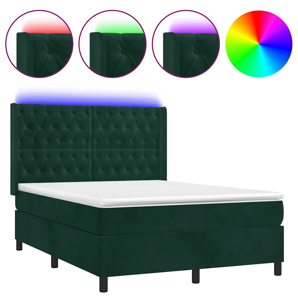 vidaXL Κρεβάτι Boxspring με Στρώμα & LED Σκ. Πράσινο 140x190εκ Βελούδο